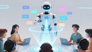 Футуристичный преподаватель управляет потоком данных, демонстрируя чат-боты вебинарных воронок и тренды 2026 года
