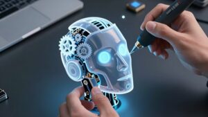 Сборка футуристичного робота как метафора гайда по выбору платформы создания ботов 2026