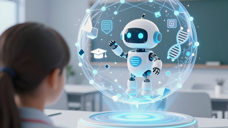Студент изучает искусственный интеллект в чат-ботах для школ через футуристическую голограмму с данными